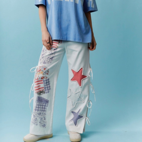 Peach Love “ Summer “ Peach Love Twill Pants with USA Patchwork Detail SR33 - Picture 3 of 8